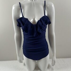 Swimsuit Womens Small Blue One Piece Ruffle Front Open Back Padded Straps
